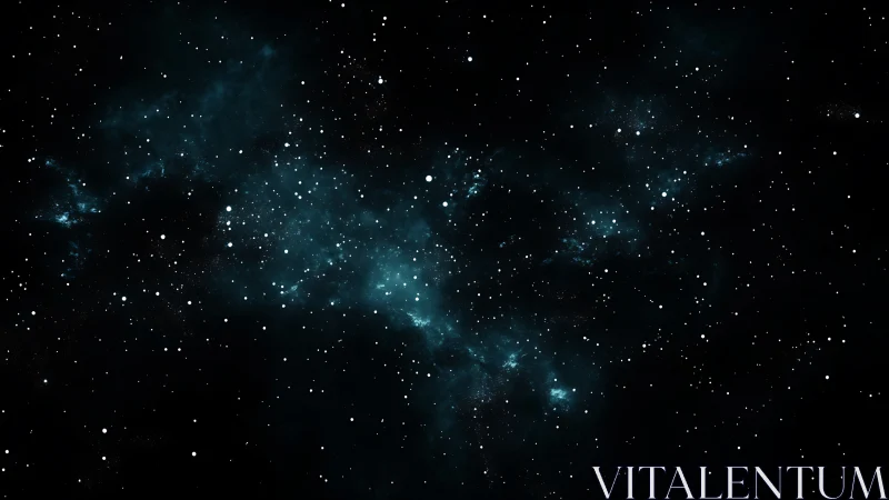 Star-filled deep space field glows with blue nebula clouds.