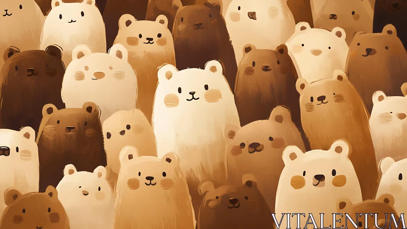 Crowd of stylized cartoon bears fills the warm-toned frame