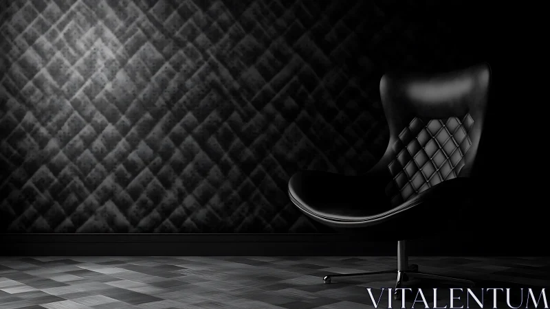 Curved black lounge chair stands before textured dark wall