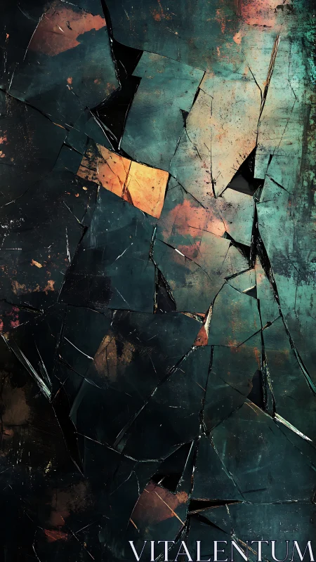 Fractured teal surface shows angular cracks and rust tones