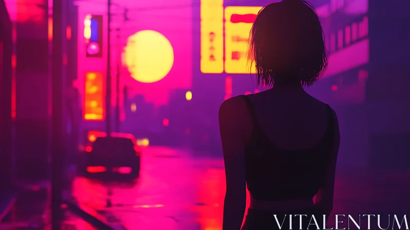 Silhouette facing neon city street at sunset in profile view.