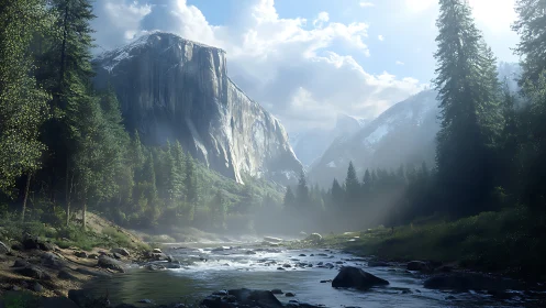 Mountain giant greets a silver river in misty morning hush.