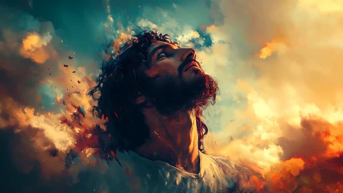 Contemplative man gazes skyward amid radiant swirling clouds