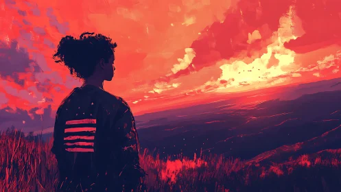 Lone dreamer studies a blazing crimson horizon at dusk.