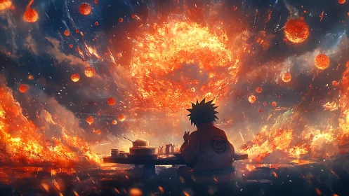 Silhouetted figure at table before fiery celestial sky.