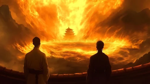 Two Figures Before Celestial Temple in Blazing Gold.
