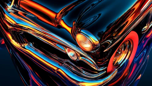 Retro chrome car close-up with neon reflections and glow.