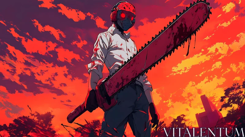 Masked figure with bloodied chainsaw at red sunset sky.