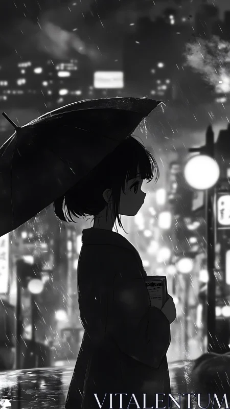 Girl under umbrella pauses in neon city rain at night.