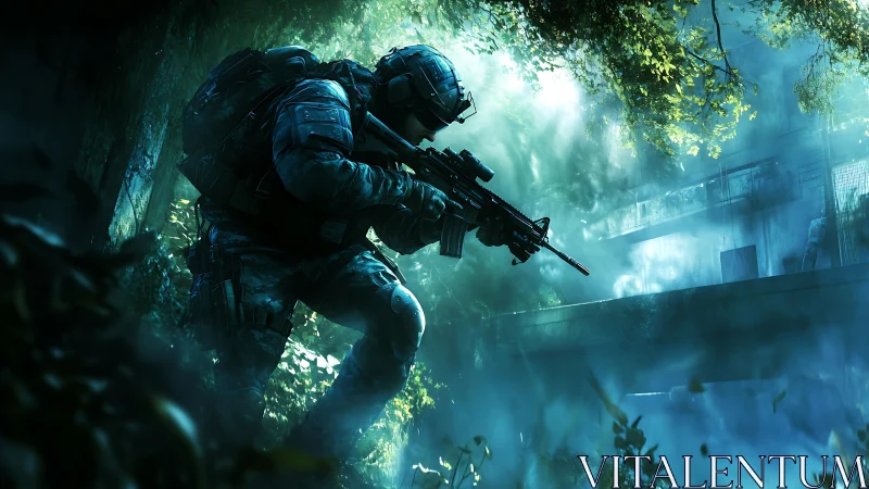 Ghost recon stalker in overgrown neon jungle ruins.