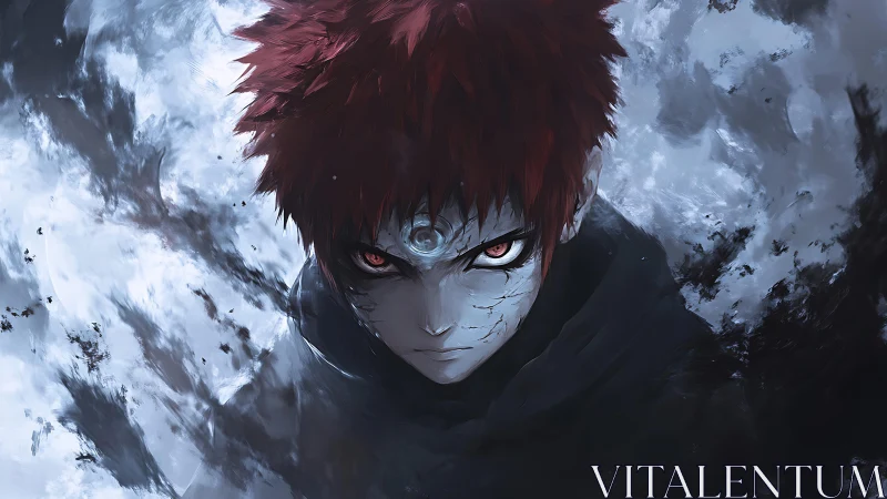Red haired anime warrior with glowing eyes in shadowed mist.