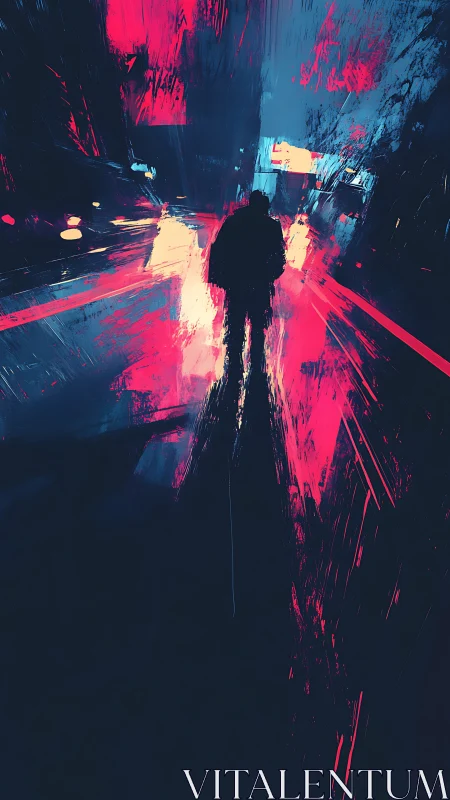Neon loner strides through rain-slashed electric midnight.