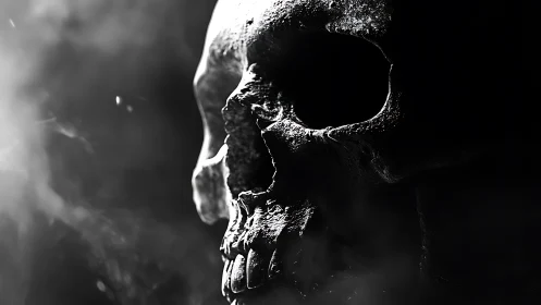 Side-lit human skull emerging from dense shadowed void.