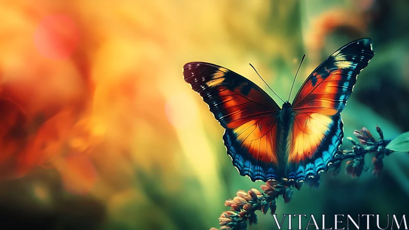 Butterfly rests on flowering stem against defocused light field