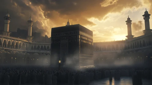 Kaaba at dusk amid dense worshippers and glowing sky.