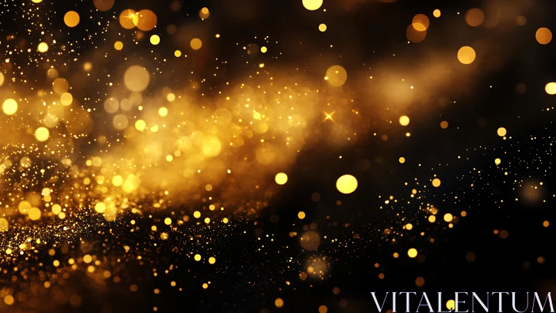 Golden light particles drift across a dark background.