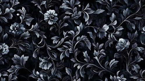 Monochrome Floral Damask Pattern on Black Background.