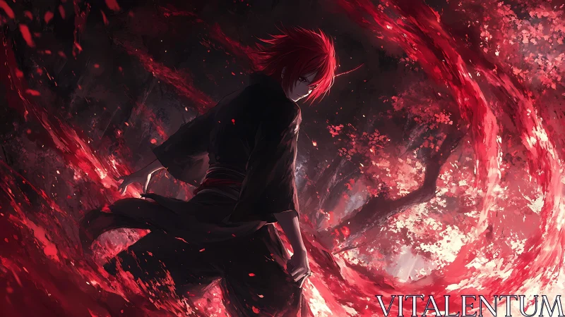 Red-haired swordsman channels swirling crimson energy arc