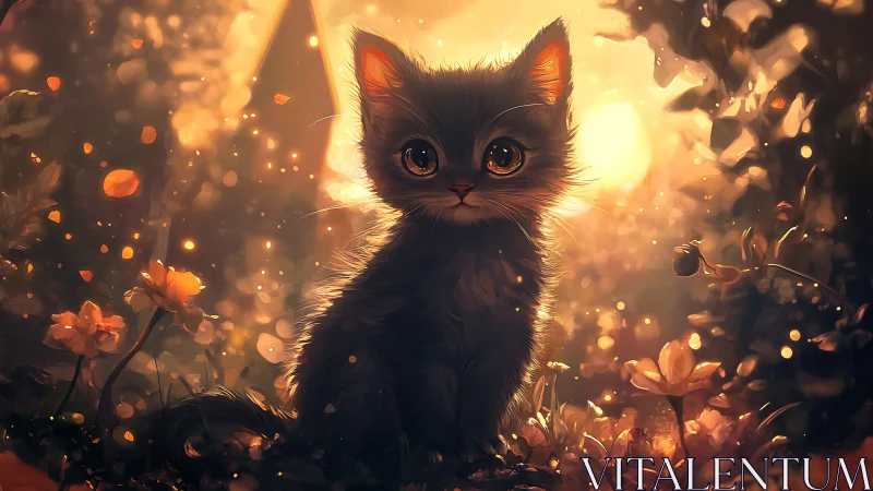 Black Kitten with Luminous Eyes Surrounded by Golden Bokeh Particles