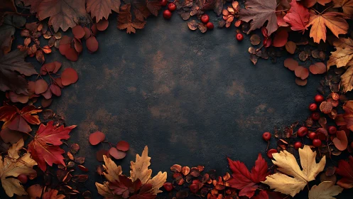 Autumn leaves frame around dark textured background.