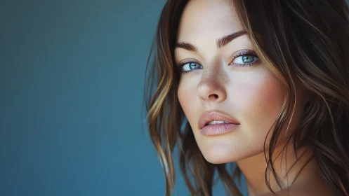 Close-up portrait of woman with blue eyes on blue background.