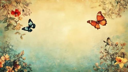 Butterflies in floral dusk over textured pastel sky.