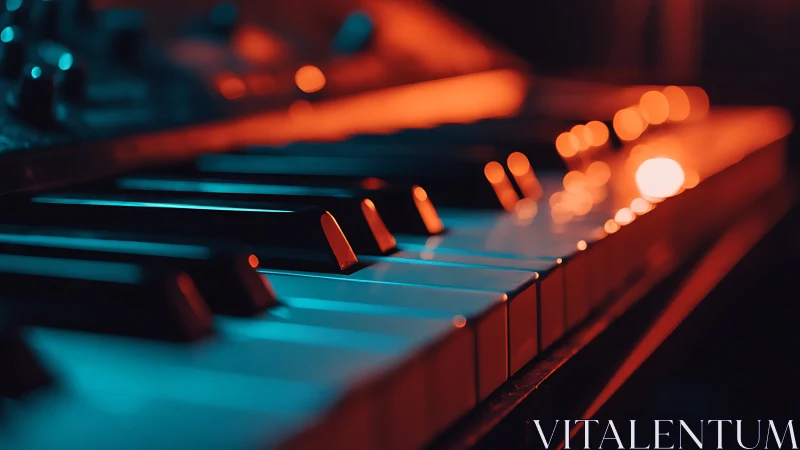 Electronic keyboard keys are illuminated by orange and teal lighting