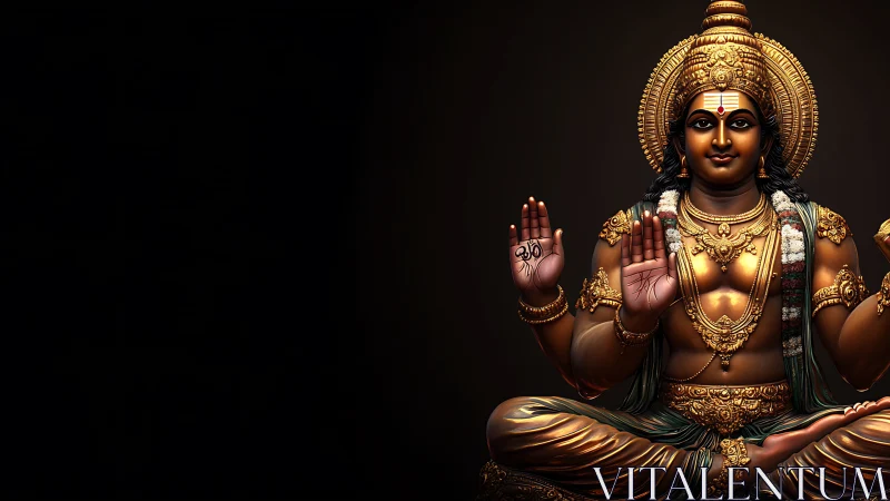 Highly detailed golden Hindu deity sculpture on black field