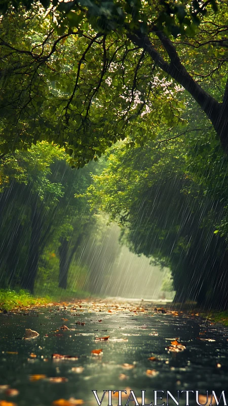 Canopy's Rainy Corridor: Where Emerald Branches Frame Liquid Motion