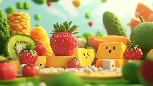 Playful fruit and cheese world glows in sunny whimsy