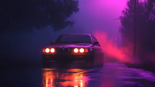 Old sedan moves through fog on wet road at night