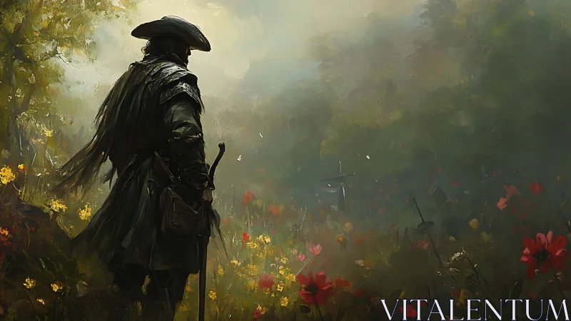 Weathered wanderer pauses where wildflowers crown lost steel