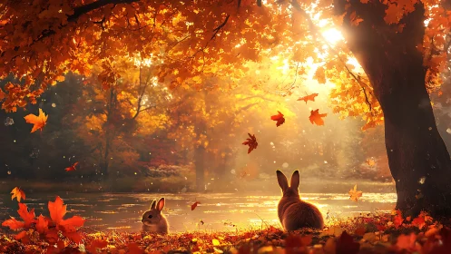 Two rabbits by autumn lake under glowing orange leaves.