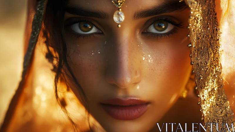 Golden veil frames intense eyes in radiant close-up portrait.