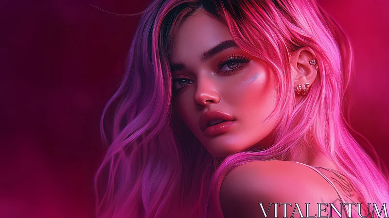 Digital portrait shows pink haired woman in neon lighting