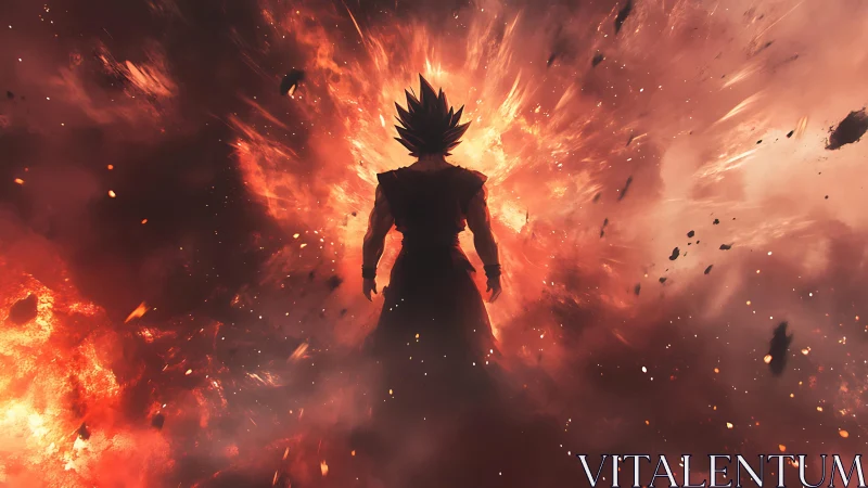 Silhouetted warrior amid explosive energy plume in fiery void