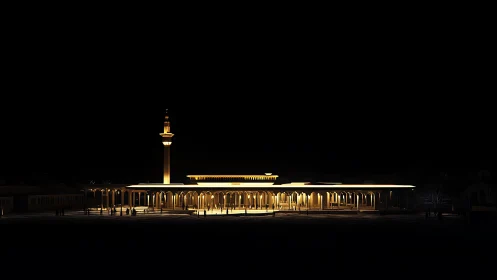 Golden colonnades whisper against an ink-soaked night sky.