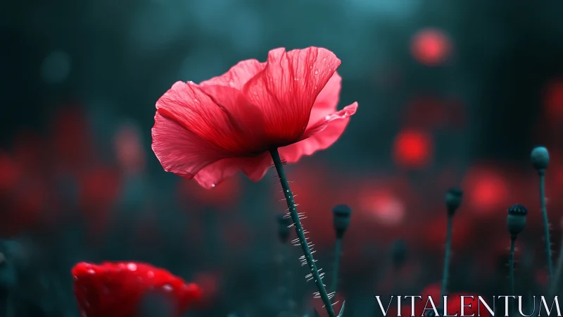 Solitary red poppy rises over soft bokeh field at dusk