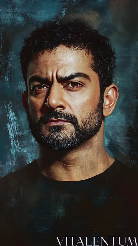 Storm-eyed portrait of a brooding bearded man in teal dusk.