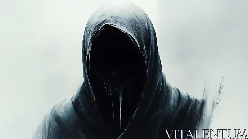 Digital painting of faceless hooded wraith in desaturated void.