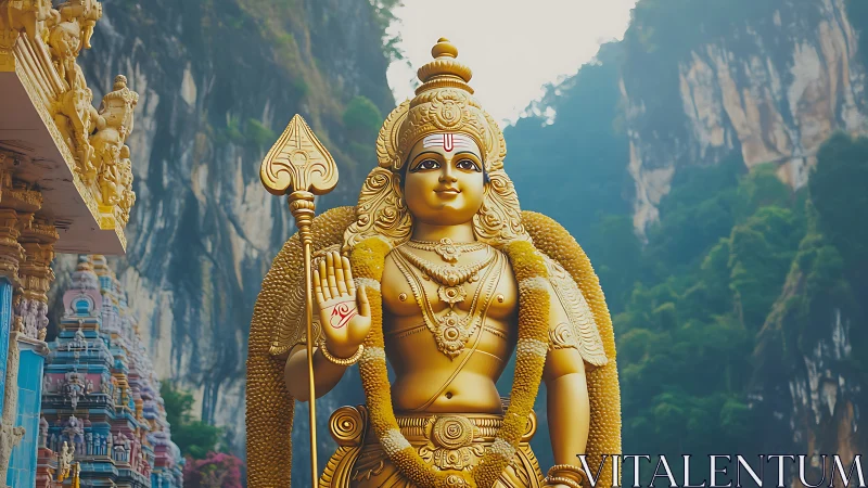 Golden Hindu deity statue rises before Batu Caves cliffs