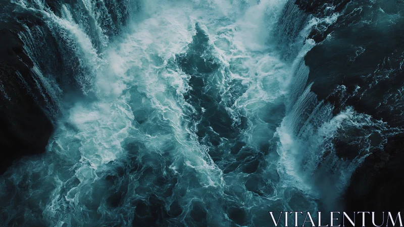 Roaring turquoise waterfall currents in a dramatic rocky gorge.