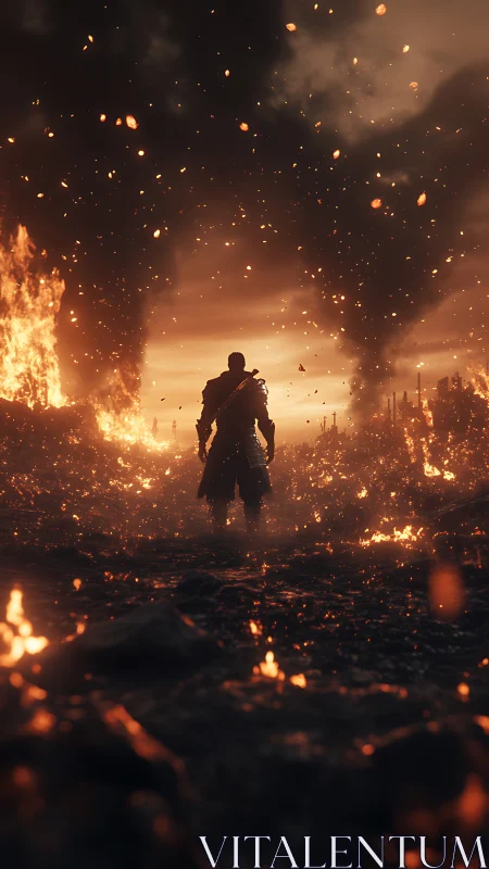 Backlit armored wanderer traversing ember-saturated wasteland.