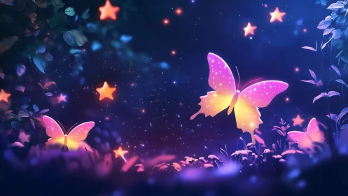 Bioluminescent butterflies drift through a luminous night glade