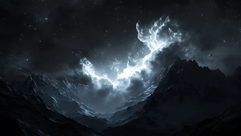Celestial storm igniting a shadowed alpine nightscape.
