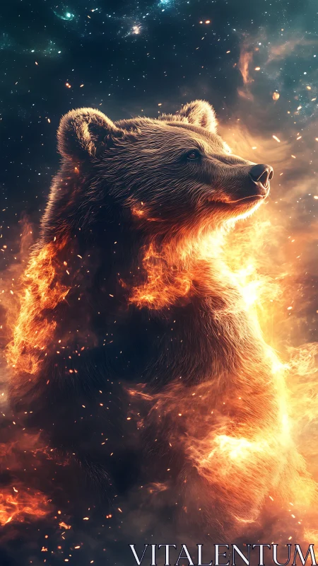Cosmic ember bear ascending through a galaxy of sparks.