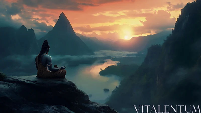 Meditating ascetic overlooks misty river valley at spectral dawn