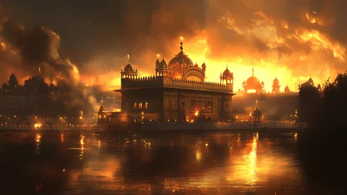 Golden riverside temple rendered in dramatic infernal sunset