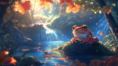 Bright-eyed frog daydreams beside a glowing forest creek.