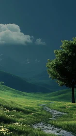 Stone path curves through sunlit meadow toward distant hills